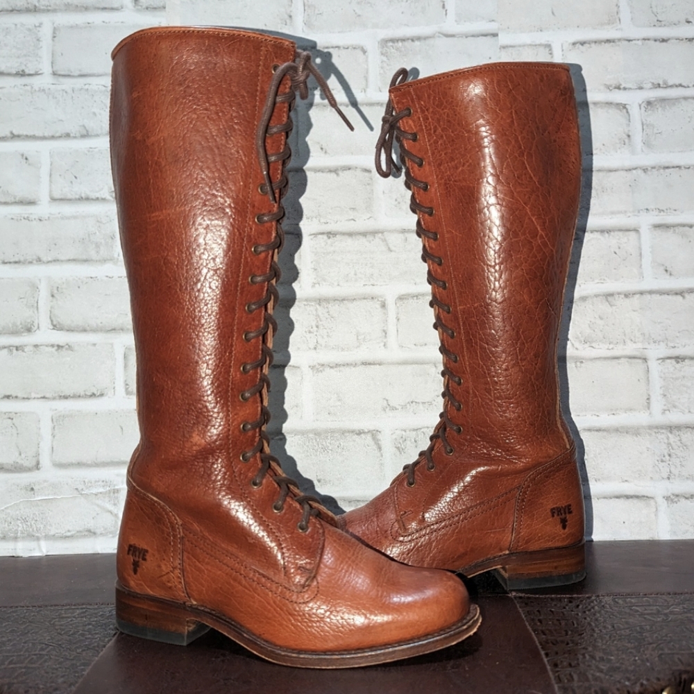 Vntg Frye Vienna Tall Brown Genuine Leather Lace Up Knee High Vintage Zip Boots - Picture 4 of 15